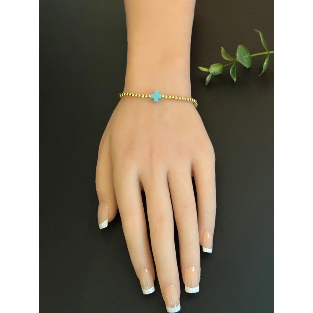 Enewton Gold Filled Beaded Bracelet Turquoise Cross Stretch Stackable 6 Inch